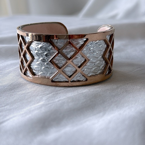 Modern Rose Gold & Silver Tone Snakeskin Textured Lattice Cuff Bracelet - Picture 7 of 11